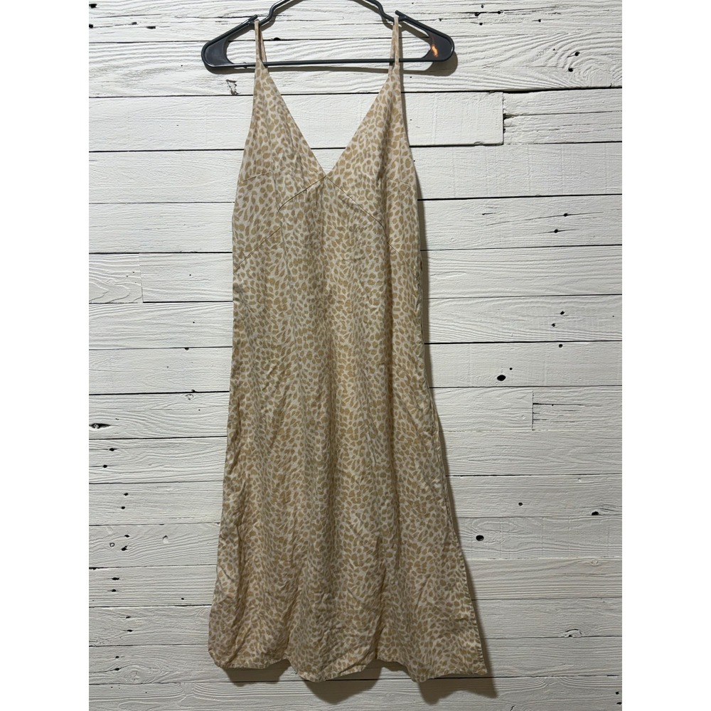 GAP Leopard Print Midi Dress Womens 6 Tan Cream Excellent V-Neck Linen Blend